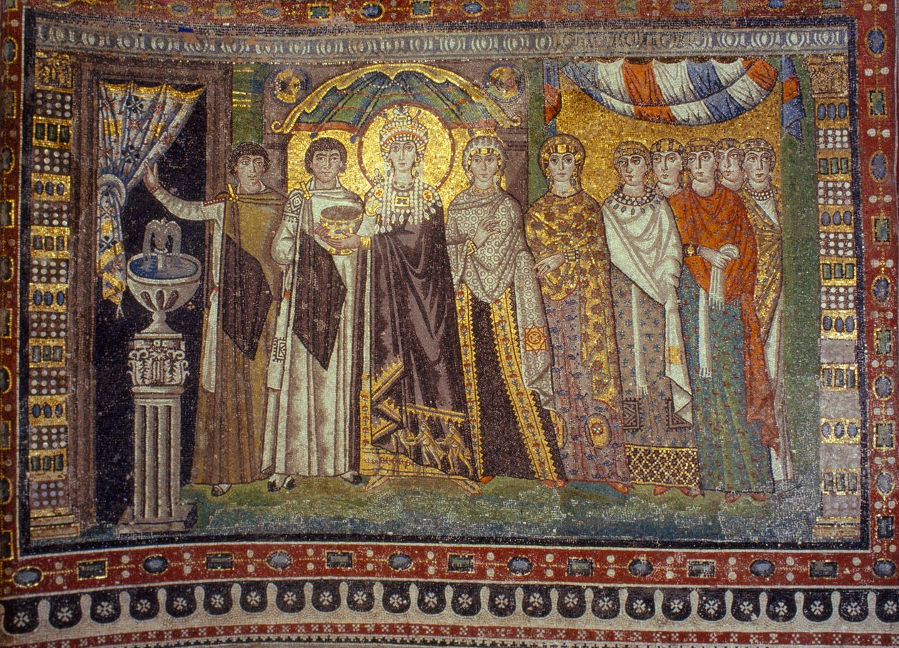 Mozaiki przedstawiają cesarzową Teodorę otoczoną przez towarzyszące jej osoby. Kościół San Vitale, Rawenna, Włochy. autorstwa James L Stanfield