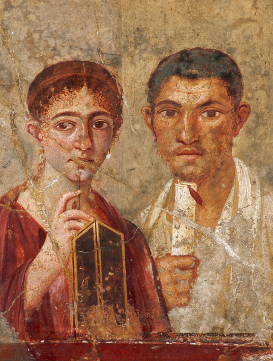 Rzymski fresk znaleziony w Pompejach przedstawia parę trzymającą przybory do pisania. Museo Archeolo... autorstwa James L Stanfield