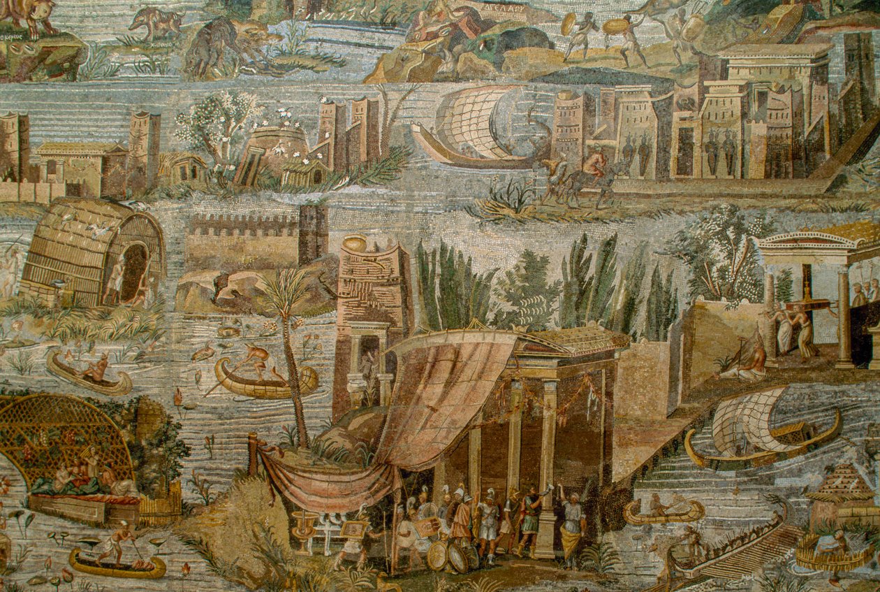 Rzymska mozaika przedstawiająca fantazyjny widok rzeki Nil podczas powodzi. Museo Archeolog... autorstwa James L Stanfield