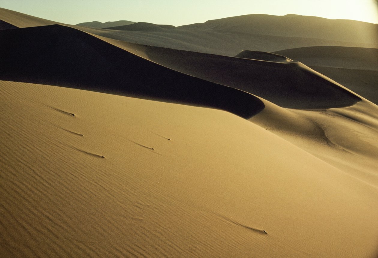 Widok na ostro ścięte wydmy w pobliżu Dunhuang. Prowincja Gansu, Chińska Republika Ludowa. autorstwa James L Stanfield