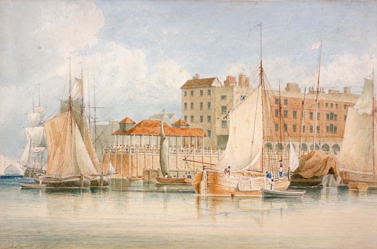 Widok na nabrzeże Billingsgate Wharf i rynek ze statkami i ludźmi, City of London, 1824. autorstwa James Lambert