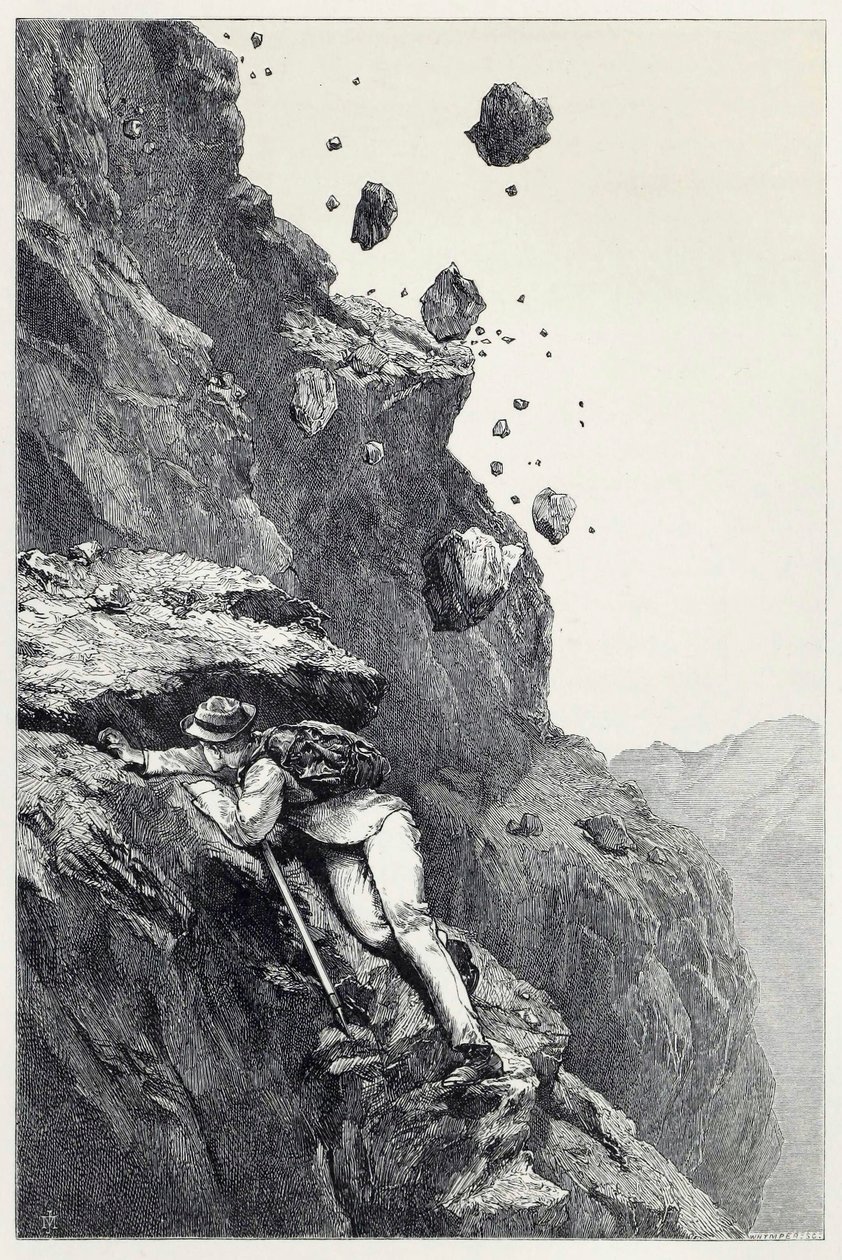 Kanonada na Matterhorn, z Wyścigów wśród Alp w latach 1860 - 69, wyd. 1871 autorstwa James Mahoney