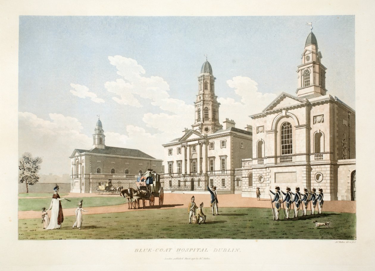 Blue-coat Hospital, Dublin, 1798 (ręcznie barwiony grawerunek) autorstwa James Malton