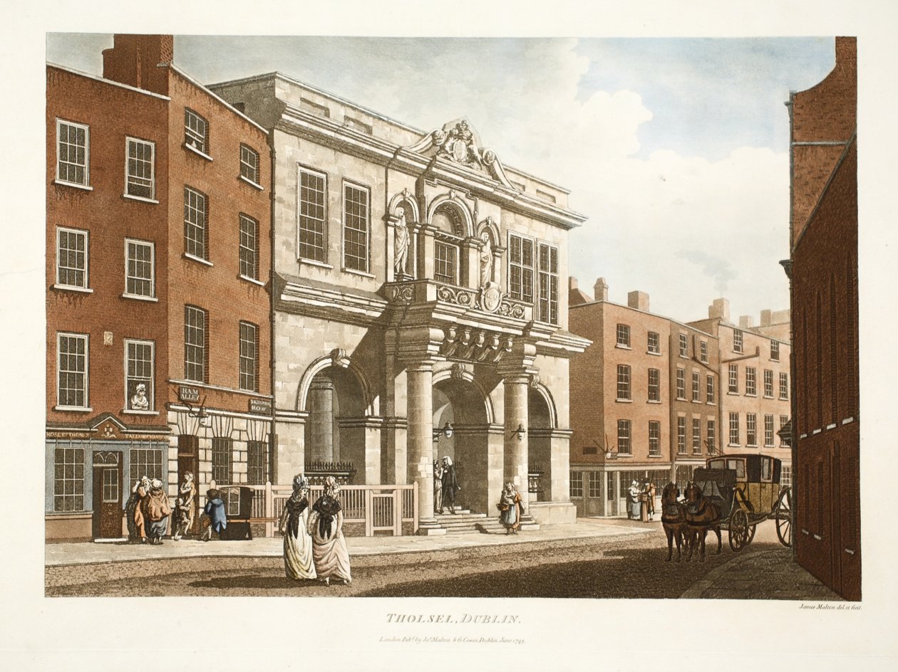 Tholsel, Dublin, 1798 (ręcznie barwiony grawer) autorstwa James Malton
