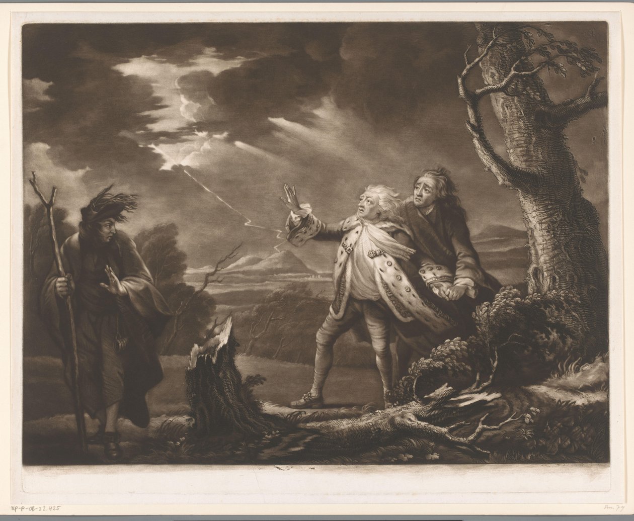 David Garrick jako Król Lear z hrabią Kentu i Edgarem przebranym za Toma w burzliwym krajobrazie autorstwa James McArdell
