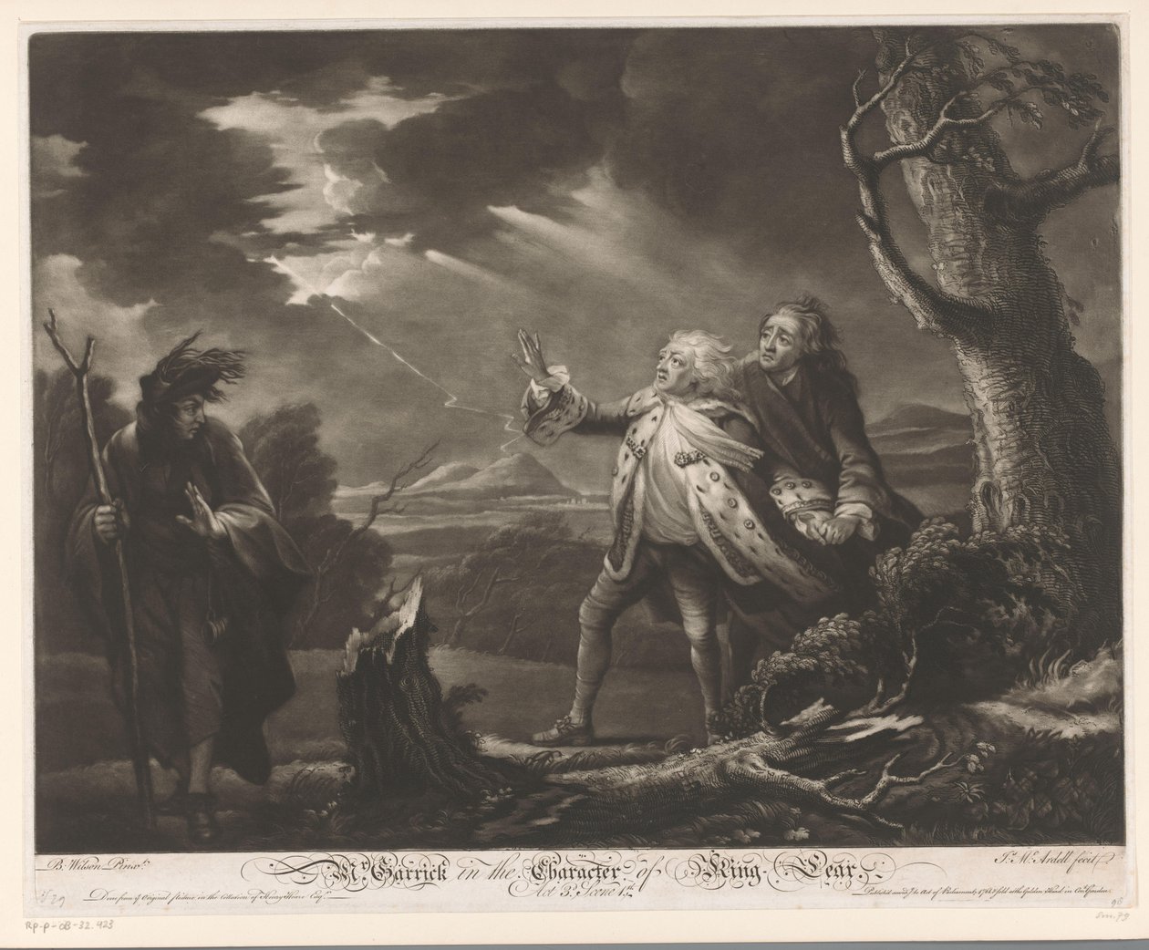 David Garrick jako Król Lear z hrabią Kentu i Edgarem przebranym za Toma w burzliwym krajobrazie Pan. Garrick w postaci króla Leara (tytuł na obiekcie) autorstwa James McArdell