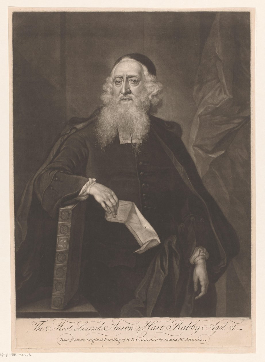 Portret van Aarona Harta The Most Learned Aaron Hart Rabby lat 81 (tytuł na obiekcie) autorstwa James McArdell