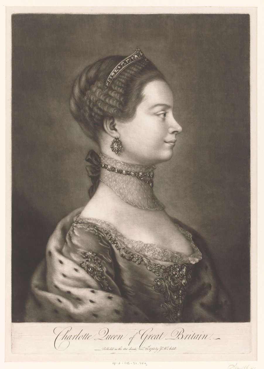 Portret z Charlotte z Meklemburgii Charlotte Queen of Great Britain (tytuł na obiekcie) autorstwa James McArdell