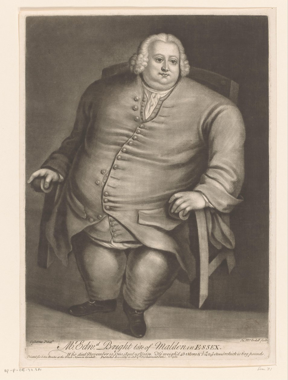 Portret van Edwarda Brighta Pan Edwd. Jasny koniec Malden w Essex (tytuł na obiekcie) autorstwa James McArdell