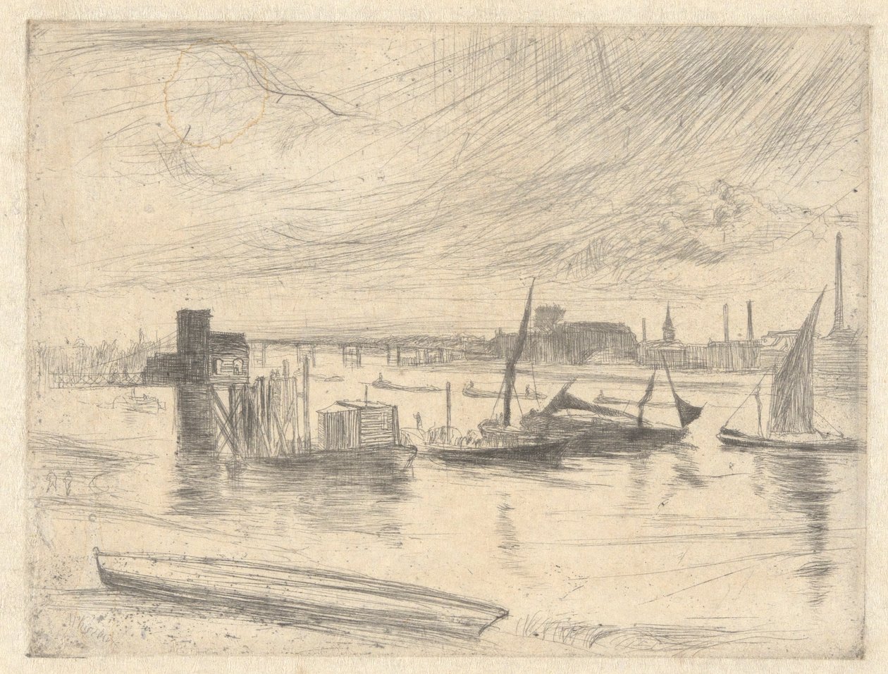 Świt Battersea (molo Cadogan), z zestawu Tamizy (seria szesnastu rycin przedstawiających sceny nad Tamizą i inne tematy) autorstwa James Abbott McNeill Whistler