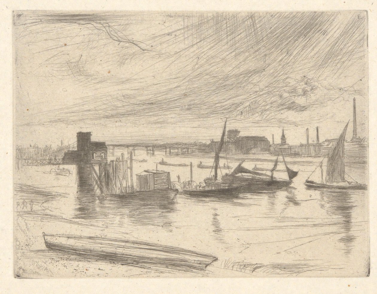 Świt Battersea (molo Cadogan), z zestawu Tamizy (seria szesnastu rycin przedstawiających sceny nad Tamizą i inne tematy) autorstwa James Abbott McNeill Whistler
