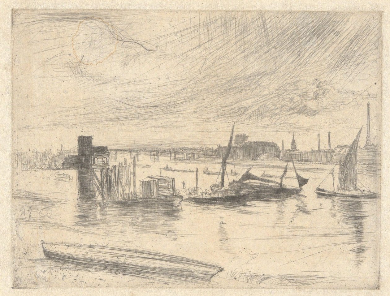 Świt w Battersea (molo Cadogan), z cyklu Tamiza (seria szesnastu akwafort przedstawiających sceny nad Tamizą i inne tematy) autorstwa James McNeill Whistler
