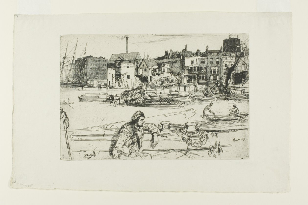 Black Lion Wharf, z serii szesnastu rycin przedstawiających sceny nad Tamizą („Zestaw Tamizy”) autorstwa James Abbott McNeill Whistler