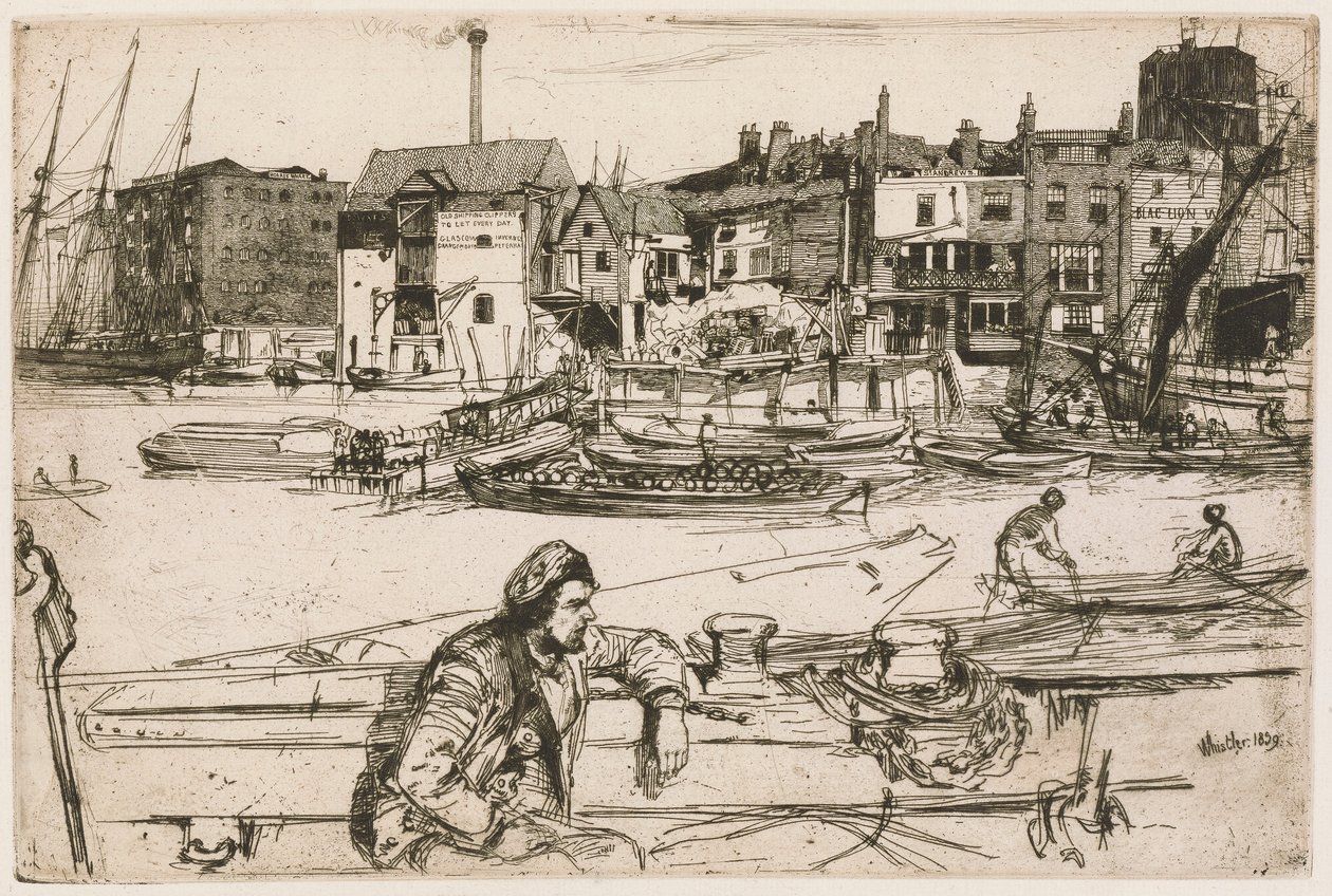 Black Lion Wharf, z zestawu Tamizy (seria szesnastu rycin przedstawiających sceny nad Tamizą i inne tematy) autorstwa James Abbott McNeill Whistler