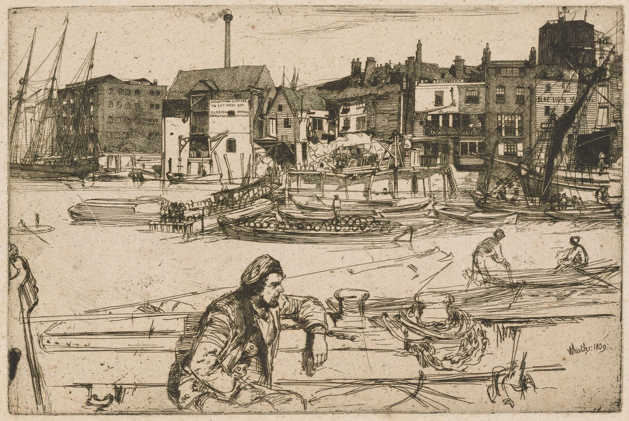 Nabrzeże Black Lion, z cyklu „Temza” (seria szesnastu akwafort przedstawiających widoki nad Tamizą i inne motywy) autorstwa James McNeill Whistler