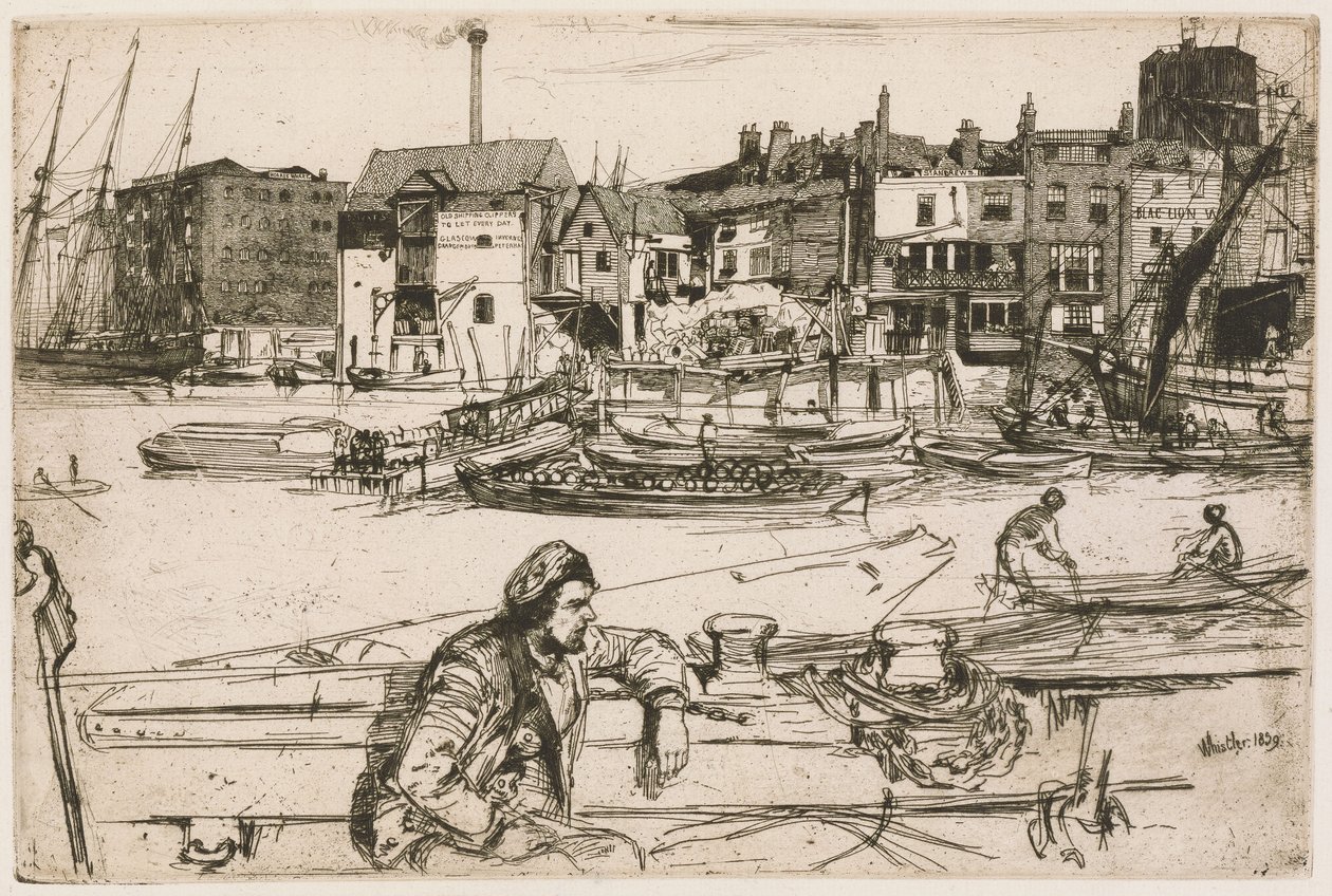 Nabrzeże Black Lion, z cyklu „Temza” (seria szesnastu akwafort przedstawiających widoki nad Tamizą i inne motywy) autorstwa James McNeill Whistler
