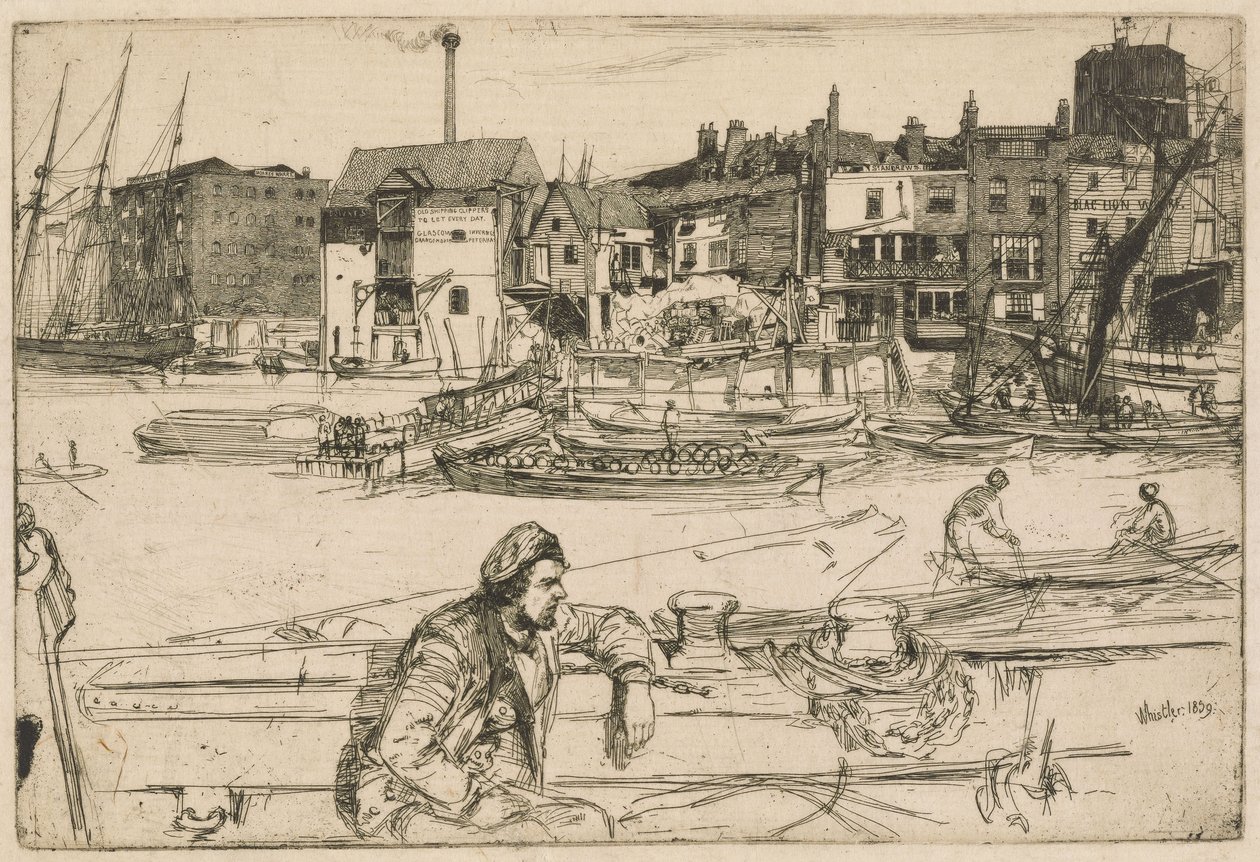 Nabrzeże Czarnego Lwa, z cyklu Tamiza (Seria szesnastu akwafort ze scenami nad Tamizą i innymi tematami) autorstwa James McNeill Whistler