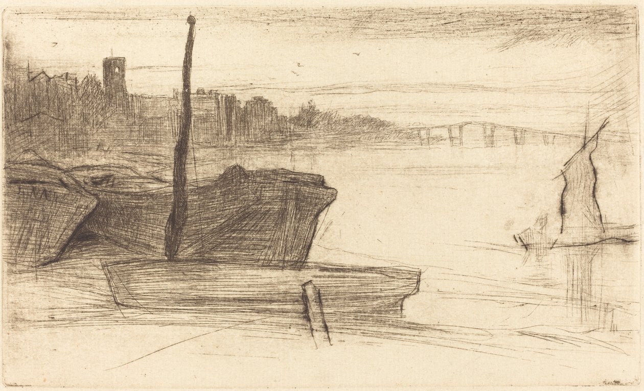 Most Chelsea i kościół autorstwa James Abbott McNeill Whistler