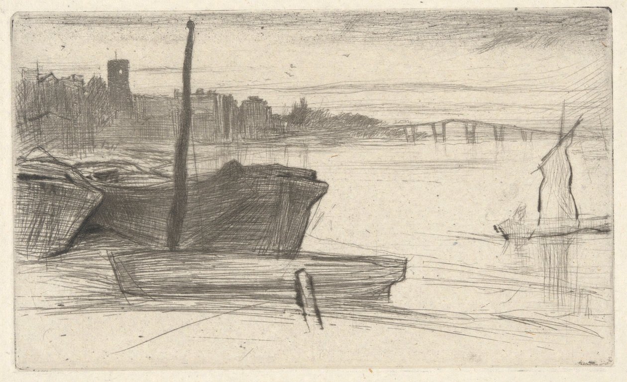 Chelsea Bridge and Church, z zestawu Tamizy (seria szesnastu rycin przedstawiających sceny nad Tamizą i inne tematy) autorstwa James Abbott McNeill Whistler