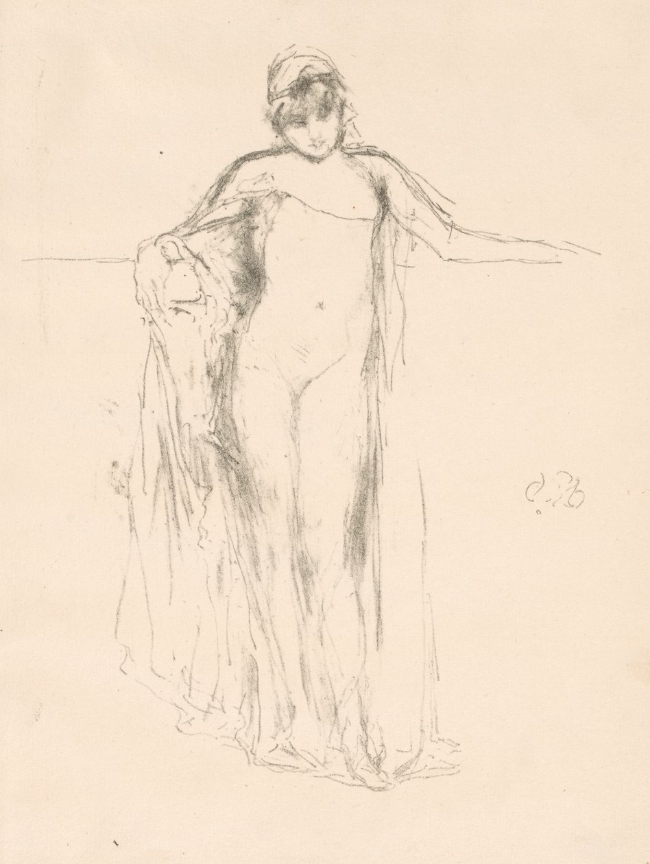Model z drapowaniem, stojący autorstwa James McNeill Whistler