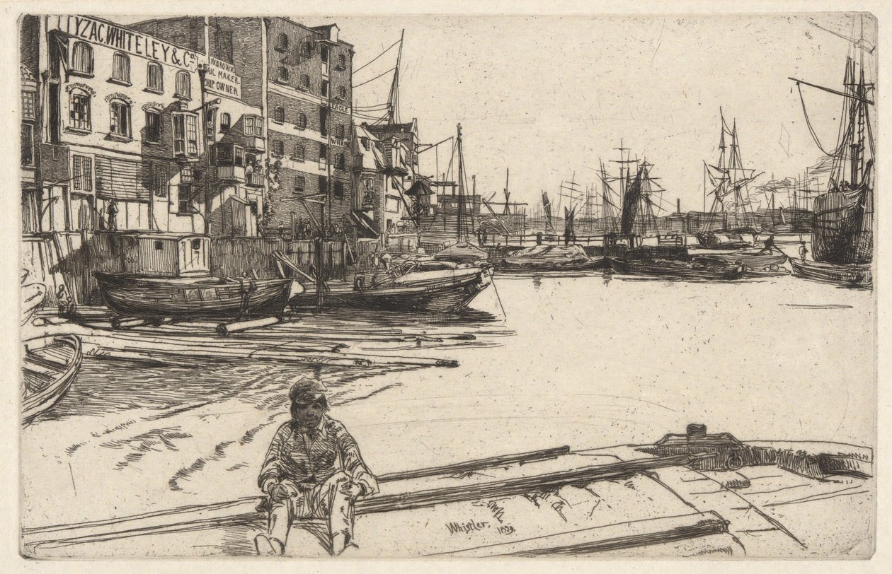 Eagle Wharf (Tyzac, Whiteley & Co.), z zestawu Tamizy (seria szesnastu rycin przedstawiających sceny nad Tamizą i inne tematy) autorstwa James Abbott McNeill Whistler