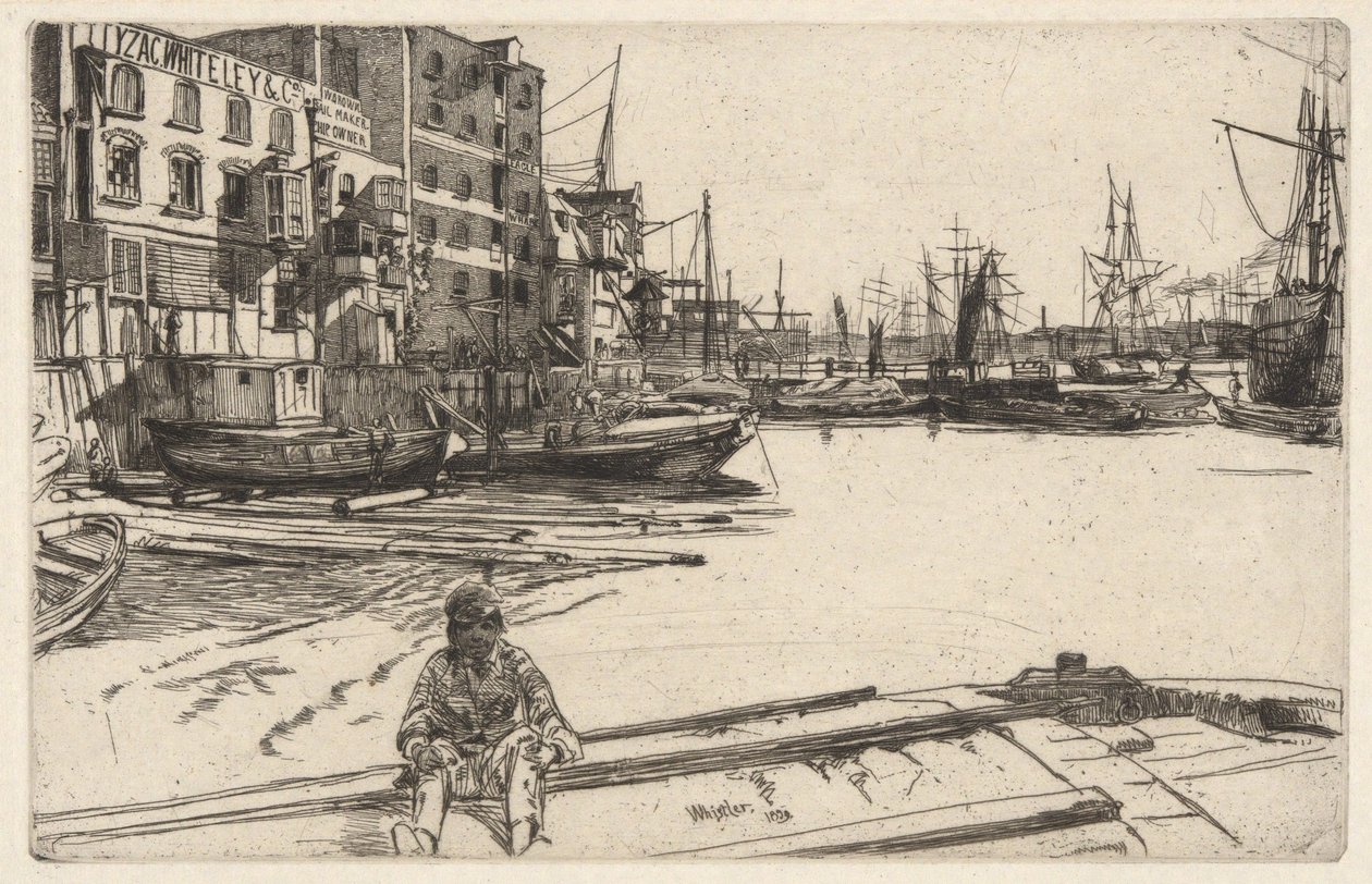 Eagle Wharf (Tyzac, Whiteley & Co.), z cyklu Tamiza (Seria szesnastu akwafort przedstawiających sceny nad Tamizą i inne tematy) autorstwa James McNeill Whistler