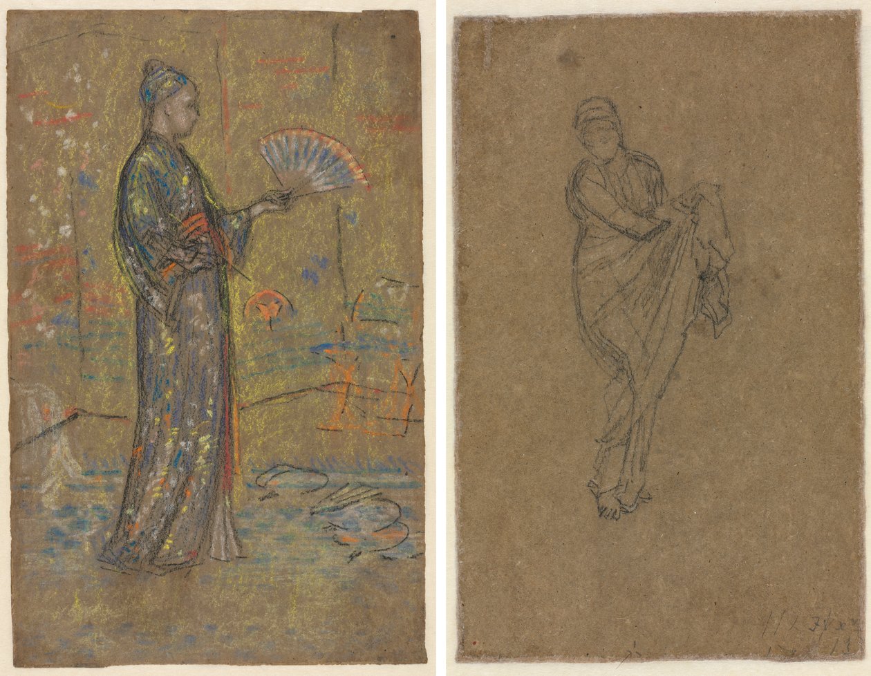 Japonka malująca wachlarz (recto); stojąca kobieta podnosząca suknię (verso) autorstwa James McNeill Whistler