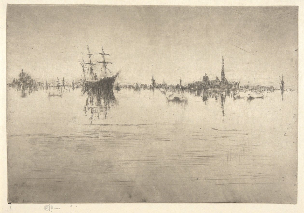 „Nokturn” z pierwszego cyklu weneckiego („Wenecja, seria dwunastu akwafort”) autorstwa James McNeill Whistler