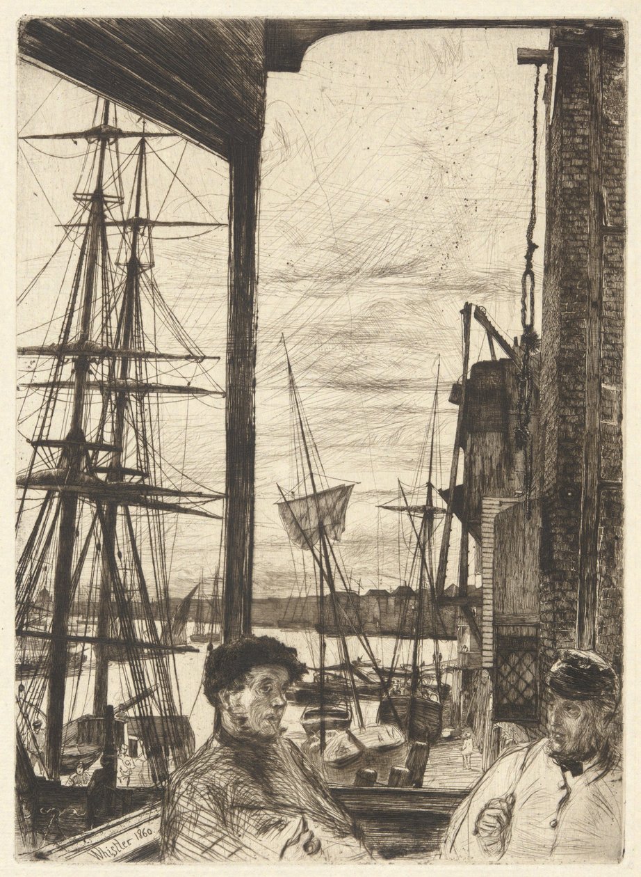 Rotherhithe (Wapping), z cyklu „Tames Set” (seria szesnastu akwafort przedstawiających widoki nad Tamizą i inne motywy) autorstwa James McNeill Whistler