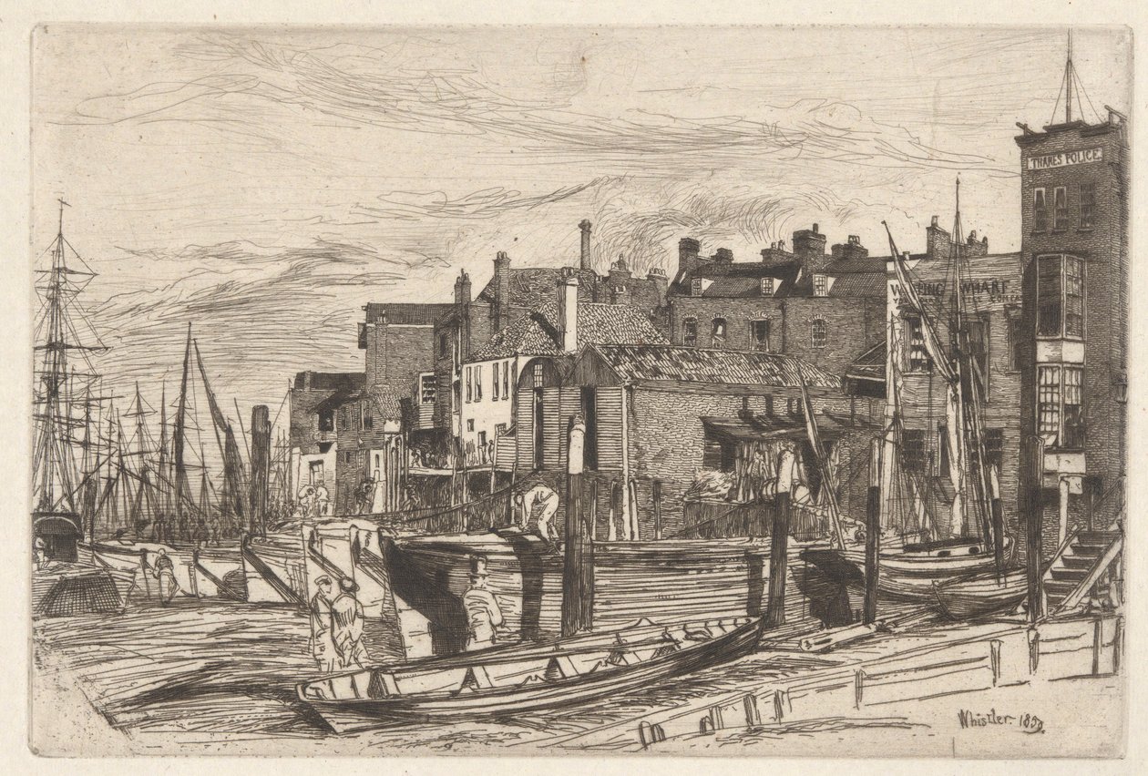 Thames Police (Wapping Wharf), z zestawu Tamizy (seria szesnastu rycin przedstawiających sceny nad Tamizą i inne tematy) autorstwa James Abbott McNeill Whistler