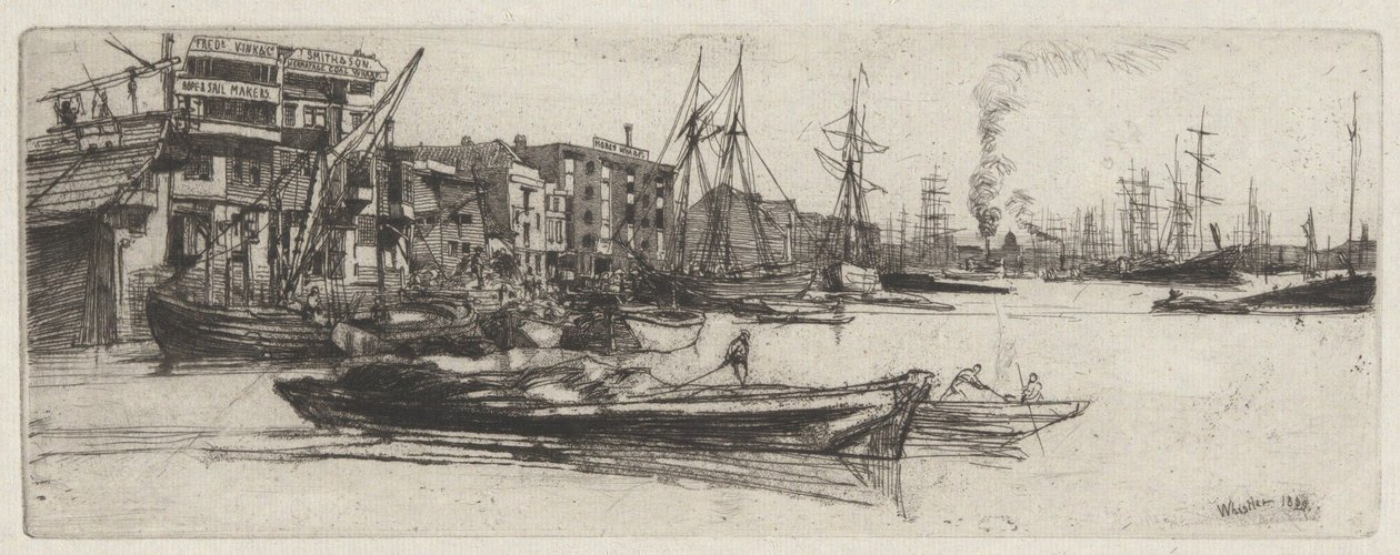 Magazyn nad Tamizą, z serii Tamiza (Seria szesnastu akwafort przedstawiających sceny nad Tamizą i inne tematy) autorstwa James McNeill Whistler