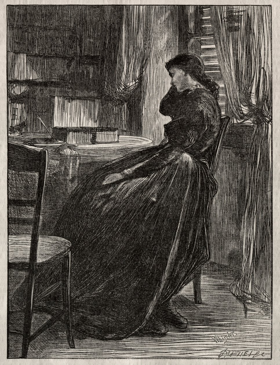 Kazanie procesowe: Joanna Douglas przy swoim biurku autorstwa James Abbott McNeill Whistler