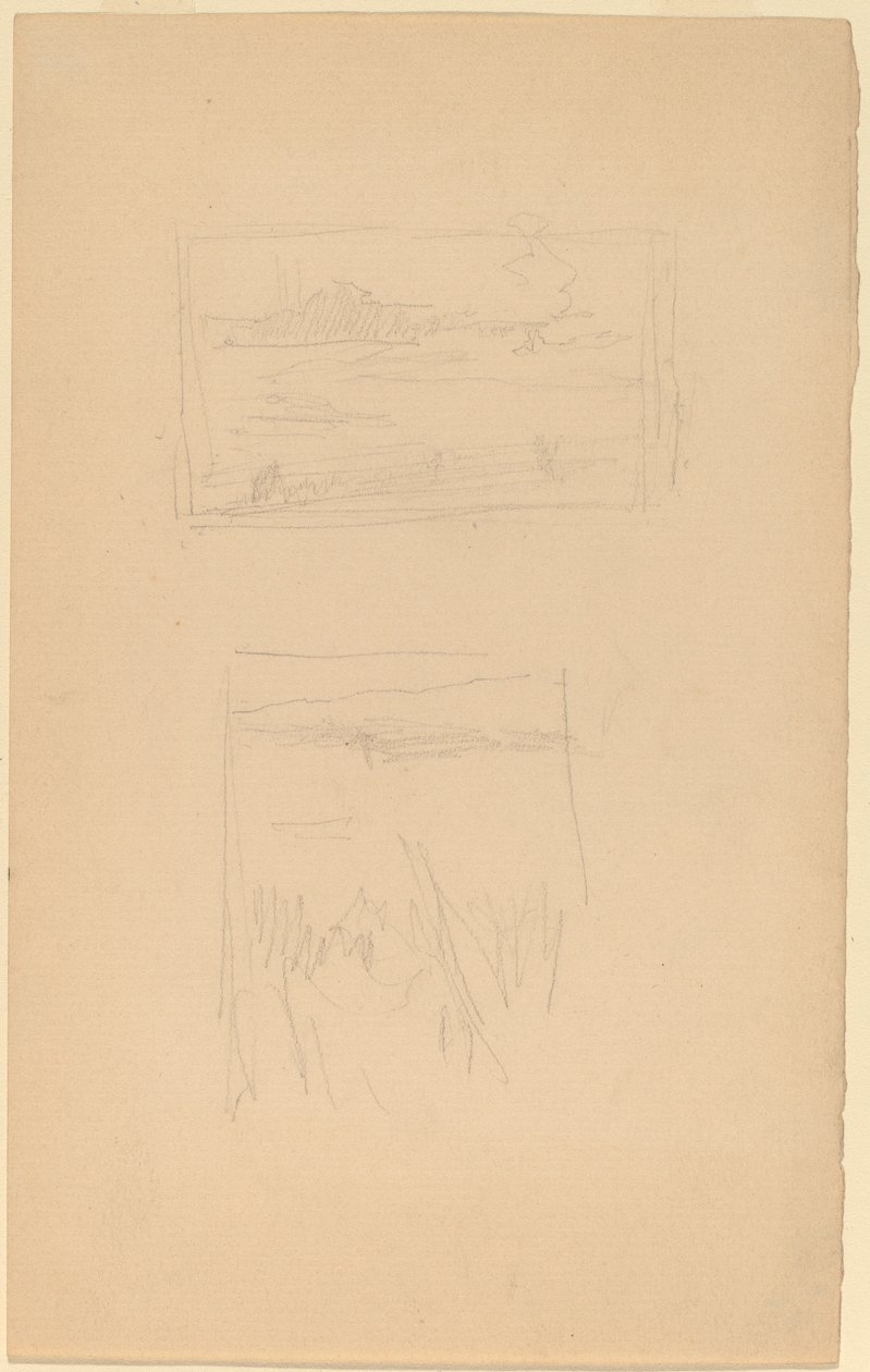 Dwa szkice obrazów krajobrazowych zawieszone w Towarzystwie Artystów Brytyjskich autorstwa James Abbott McNeill Whistler