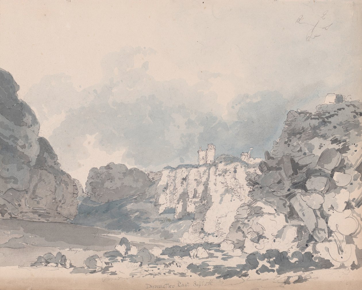 Zamek Dunnottar (wc nad grafitem na papierze) autorstwa James Moore
