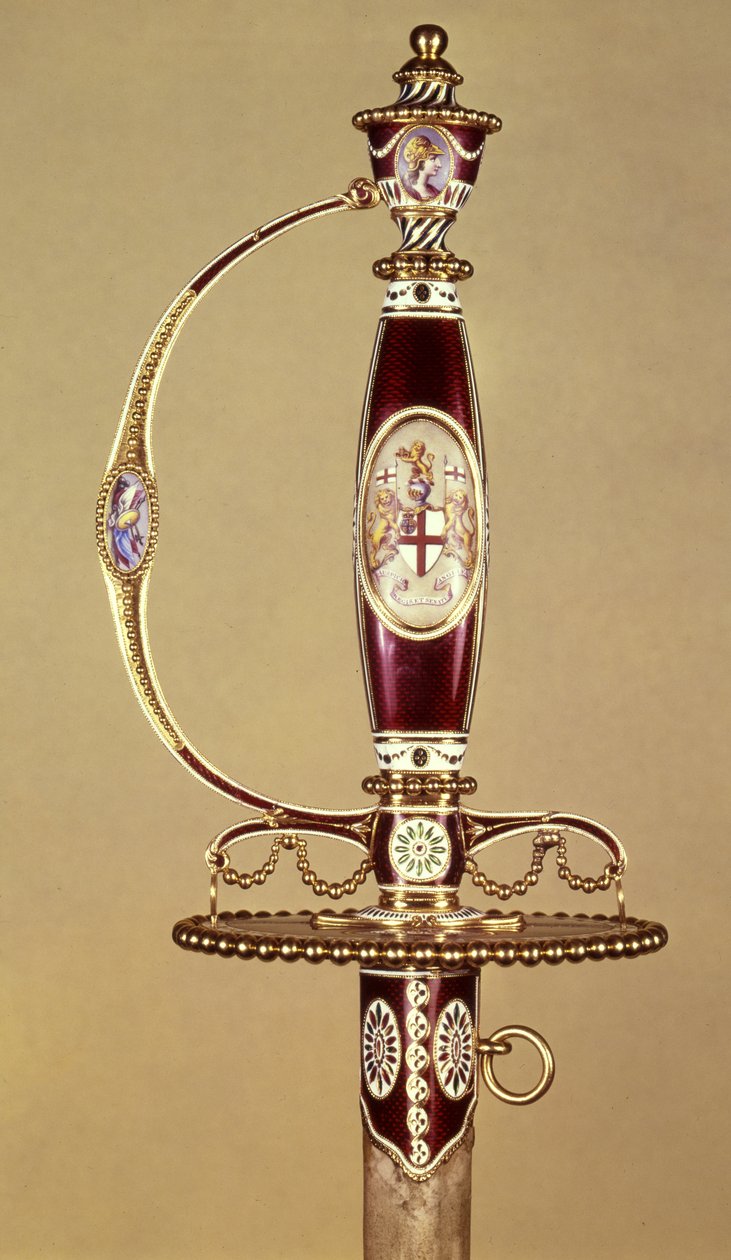 Rękojeść miecza podarowana pułkownikowi Jamesowi Hartleyowi (1745-99) przez Kompanię Wschodnioindyjską, ustawiona przez Jamesa Morisseta (ok.1766-c.1800) ok.1780 (złoto i emalia) autorstwa James Morisset