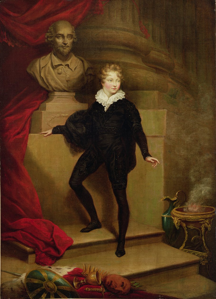 Mistrz Betty jako Hamlet przed popiersiem Szekspira, ok. 1804-06 autorstwa James Northcote