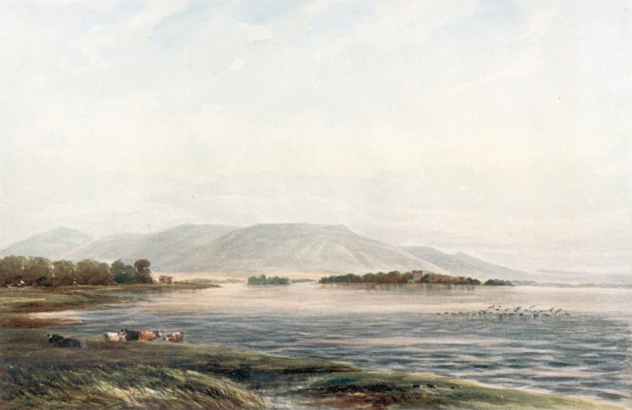 "Zamek Lochleven" (kolorowa litografia) autorstwa James Orrock