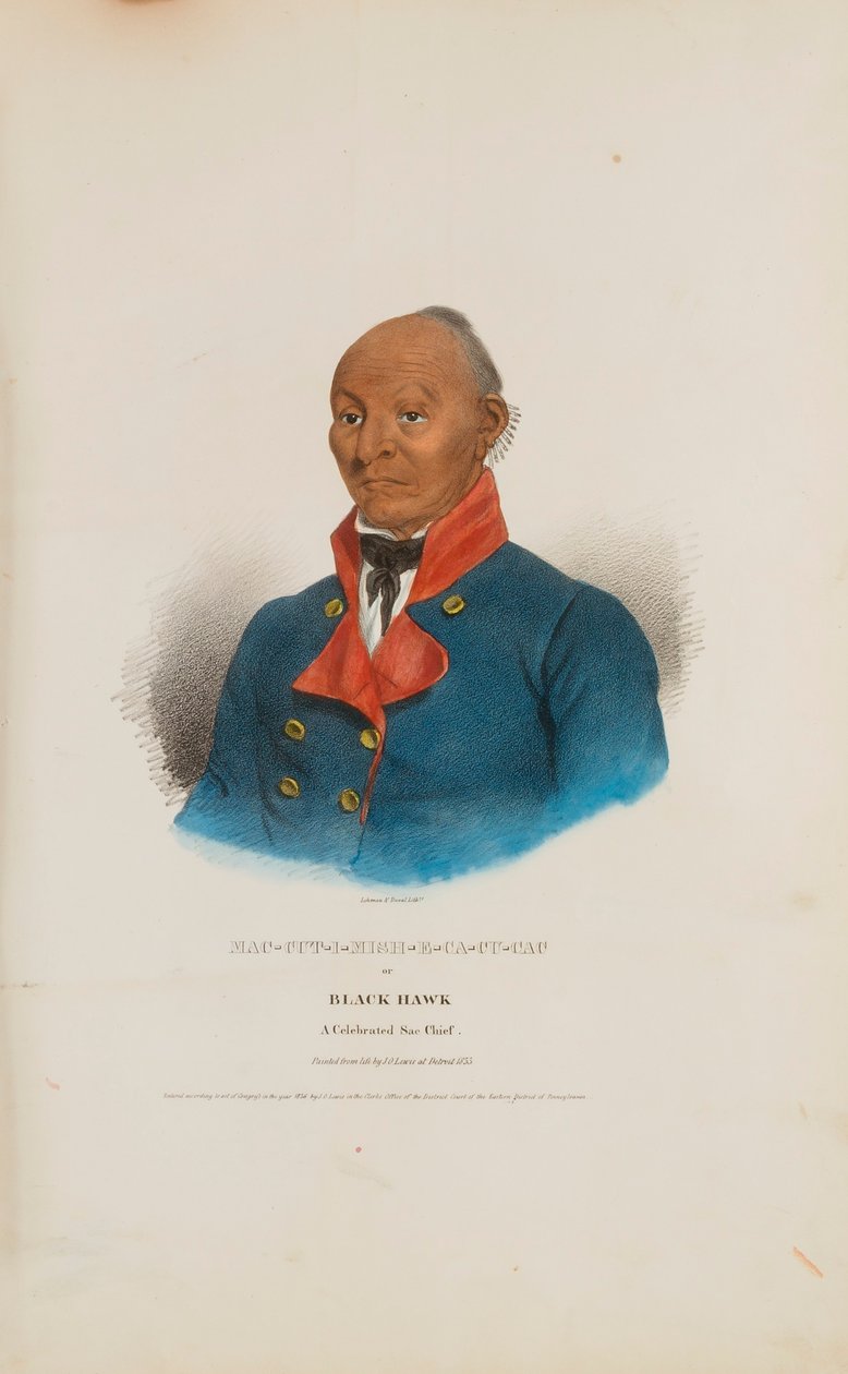 MAC-CUT-I-MISH-E-CA-CU-CAC lub Czarny Jastrząb; sławny wódz Sac, z Portfolio Aborygenów autorstwa James Otto Lewis