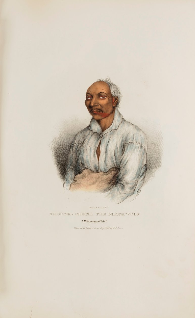 SHOUNK-CHUNK Czarny Wilk; Wódz Winnebago, z Portfolio Aborygenów autorstwa James Otto Lewis