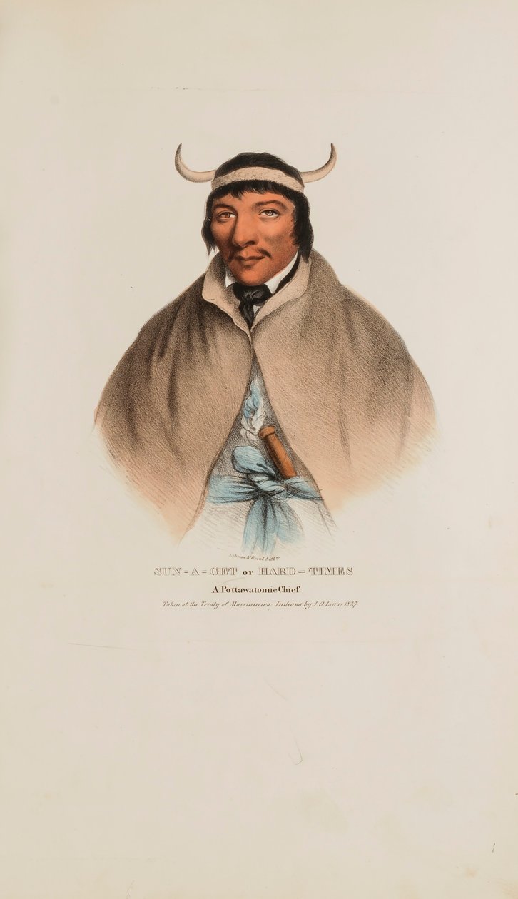 SUN-A-GET lub Ciężkie czasy; Wódz Pottawatomie, z Portfolio Aborygenów autorstwa James Otto Lewis