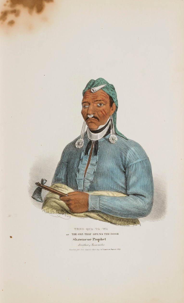 TENS-QUA-TA-WA lub Ten, Który Otwiera Drzwi; Prorok Shawnese (brat Tecumthe), z Portfolio Aborygenów autorstwa James Otto Lewis