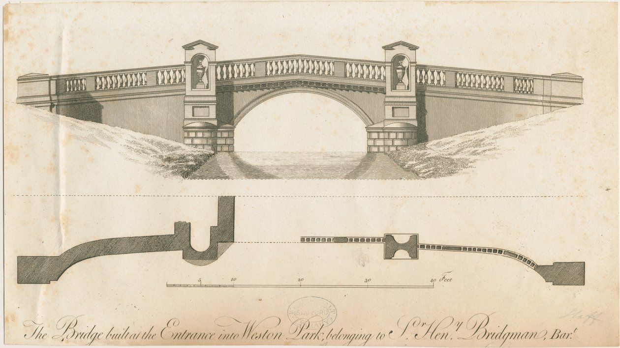 Weston-under-Lizard - Most przy wejściu do Weston Park: grawerowanie, nd [c 1765-1770] autorstwa James Paine