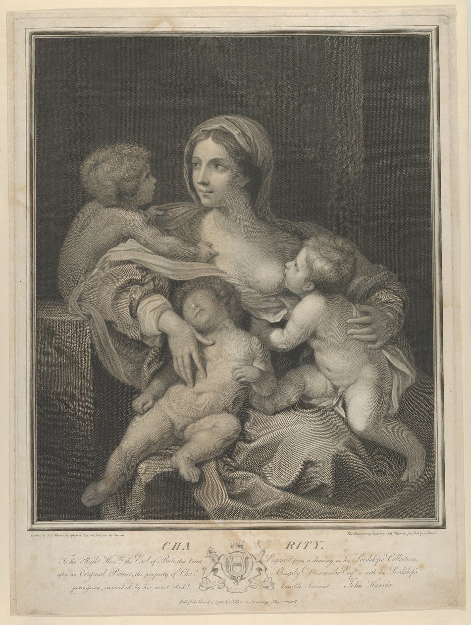 Charity siedziała karmiąc niemowlę, druga śpi na jej kolanach, a trzecia rozmawia z nią ..., 1793. autorstwa James Parker