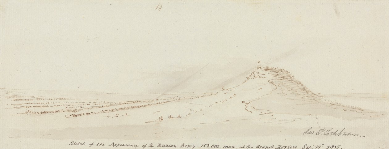 Szkic przedstawiający wygląd armii rosyjskiej, 152 000 ludzi na Wielkim Przeglądzie, 10 września 1815 r. autorstwa James Pattison Cockburn