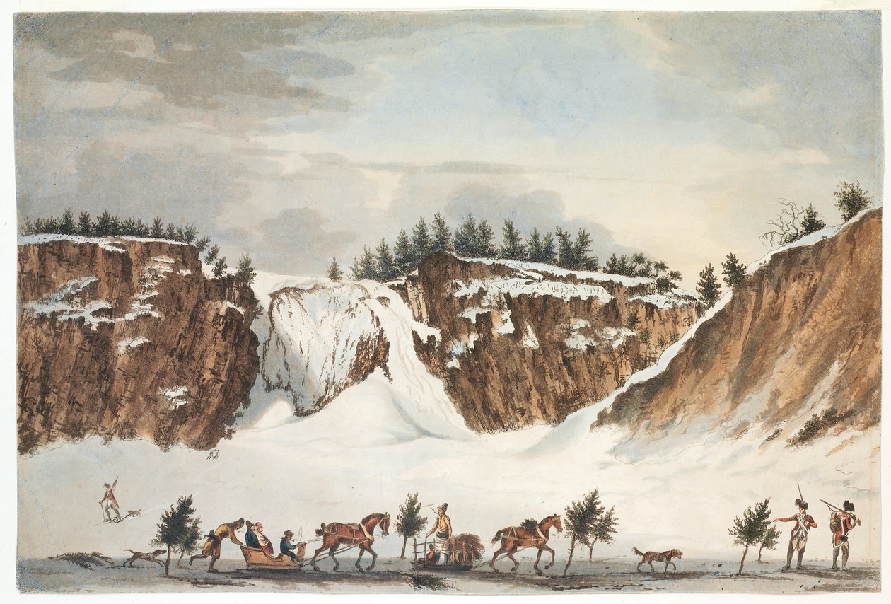 Zimowy widok na wodospady Montmorenci z drogi na lodzie, zrobione 12 kwietnia 1781, grawerowane przez Johna Wellsa autorstwa James Peachey