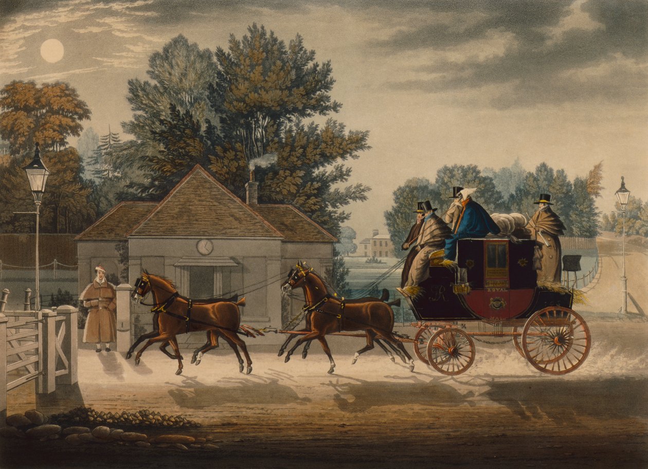 Mail Coach by Moonlight (kolorowy grawerunek) autorstwa James Pollard