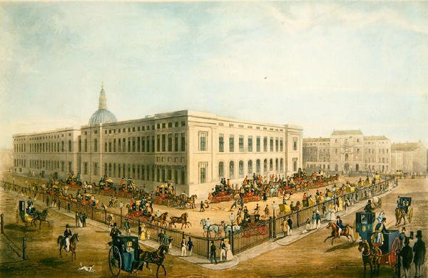 Widok na północno-wschodni Stary Główny Urząd Pocztowy z Royal Mail Carriages przygotowującymi się do odjazdu, ok. 1830 (akwatinta na papierze) autorstwa James Pollard