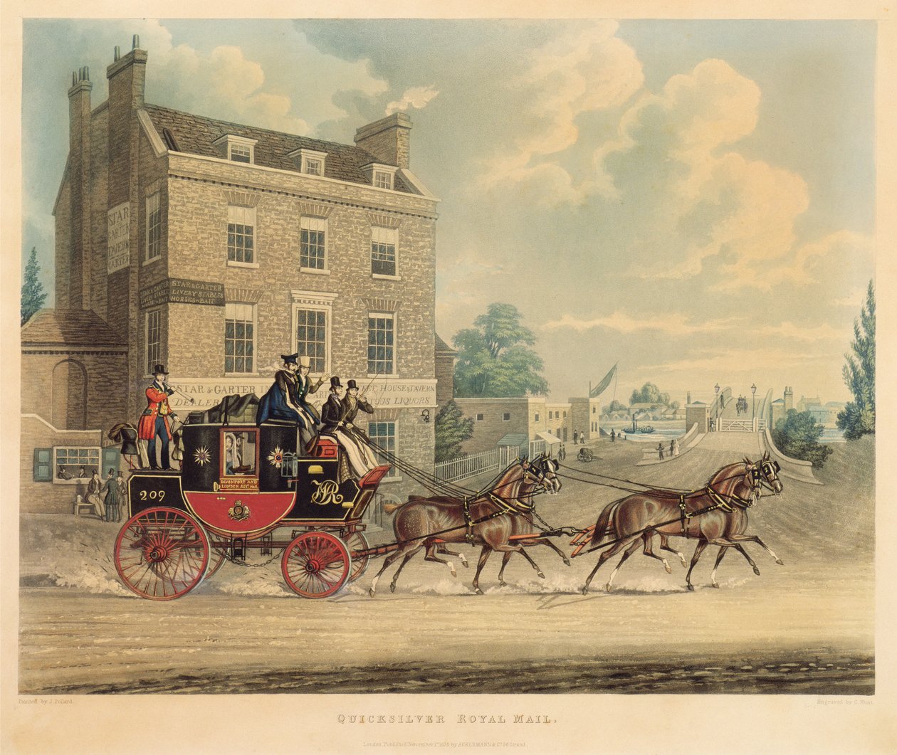 Quicksilver Royal Mail mijając gwiazdę i podwiązkę na moście Kew, 1835 autorstwa James Pollard
