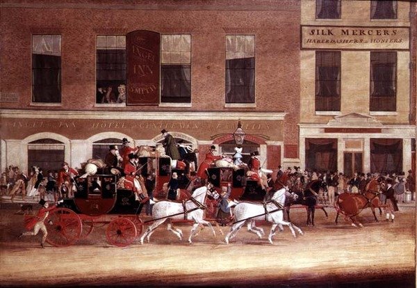 Royal Mail Autokary opuszczają Angel Inn autorstwa James Pollard