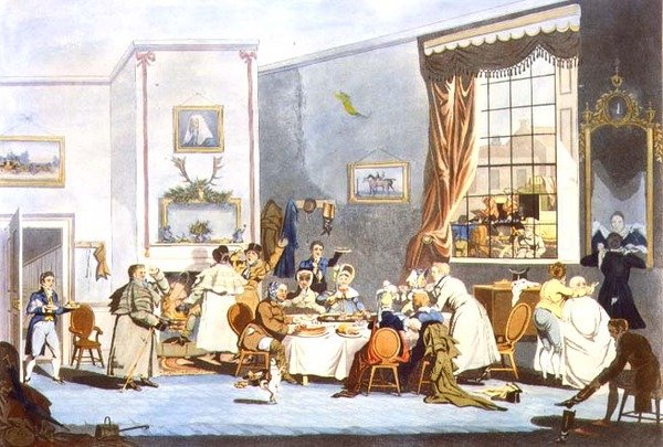 Pasażerowie dyliżansu przy śniadaniu (grawerowanie) autorstwa James Pollard
